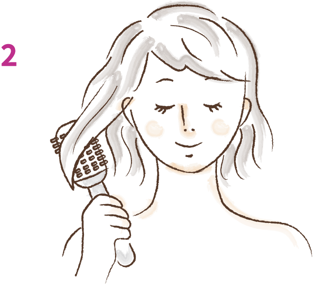 Step2 コンディショナーを髪に馴染ませた後、粗めのくしやブラシを使ってとかしてください。ムラにならず、髪全体に均一につけることができます。お風呂に粗めのくしを置いておくと便利です。