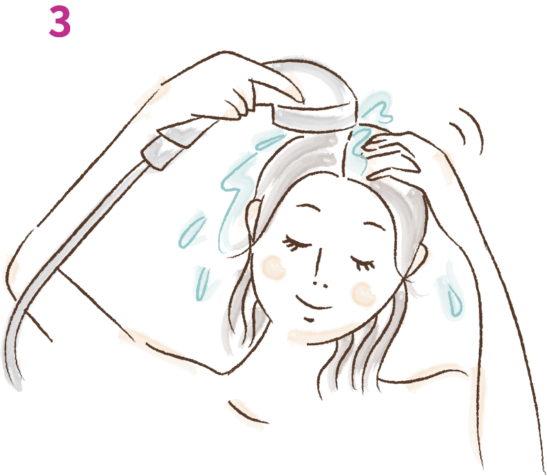 Step3 コンディショナーが髪や頭皮に残らないように入念に洗い流してください。<br />髪や頭皮に残ったままだと、かえって頭皮トラブルの原因になることがあります。