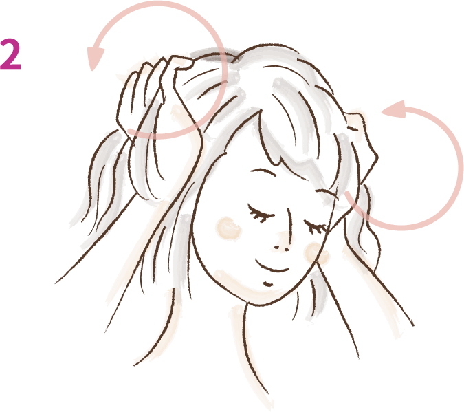 2. 親指のつけ根をこめかみに当て、目元が引き上がる方向にやさしく円を描くようにマッサージする。これを5回行ってから最後はグーッと少し力強く押す。