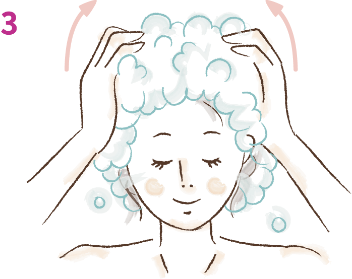 Step3 洗い終わったら頭皮を引き上げます。指先を地肌に沿わせながら、こめかみから頭頂部に向けてすべらせてください。