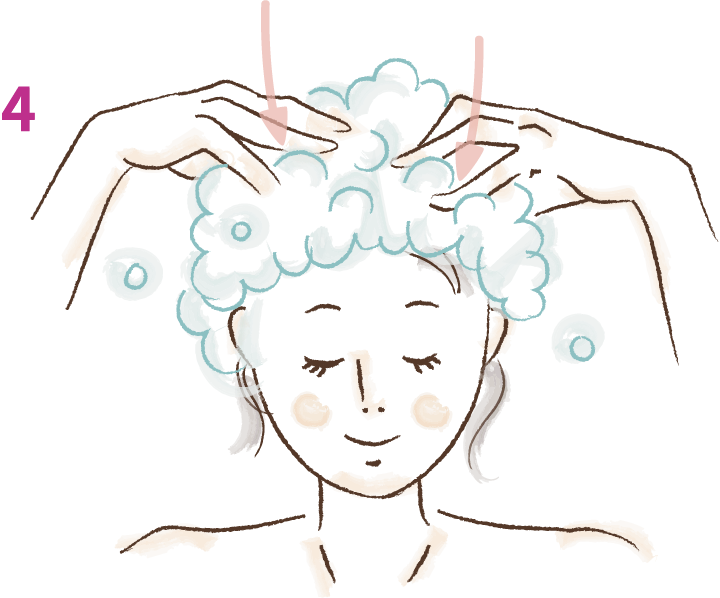Step4,5 頭頂を中心に気持ちいいと感じる部分を1ヶ所あたり3秒を目安に押してください。<br />洗浄だけでなく、マッサージを加えることで頭皮がほぐれ、血行の改善も期待できます。
